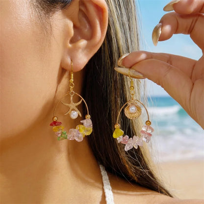 Boho Stone Hoop Earrings – Starfish & Shell Dangle (Y2K Beach)