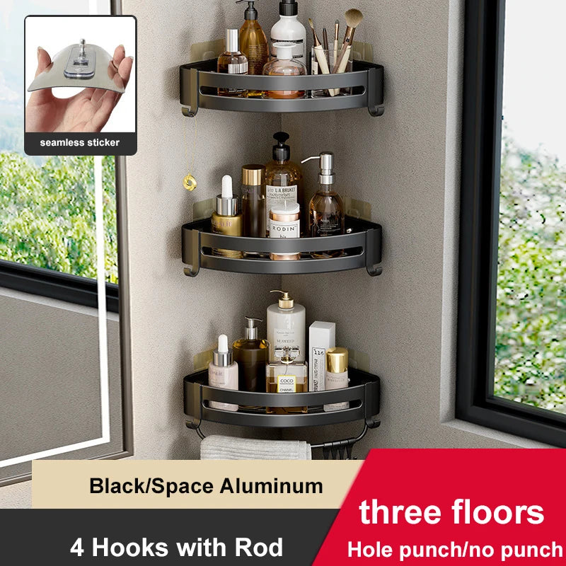 Aluminum Corner Shower Rack - Wall Mounted Bathroom Storage Organizer