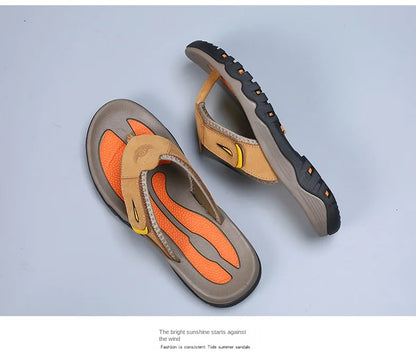 Cow Leather Outdoor Men Slippers Non-slip Wear-resistant Men's Flip Flops Summer Casual Shoes For Men Beach Sandals Plus Size