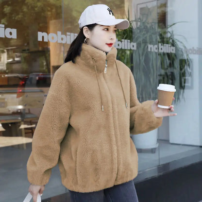 Women Winter Coat - Coral Fleece Jacket With Plush Stand Collar & Zipper Closure