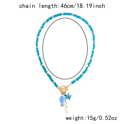 Bohemian Ceramic Fish & Starfish Pendant Necklaces for Women Men Colorful Rice Beaded Chain Necklaces Lightweight Beach Jewelry