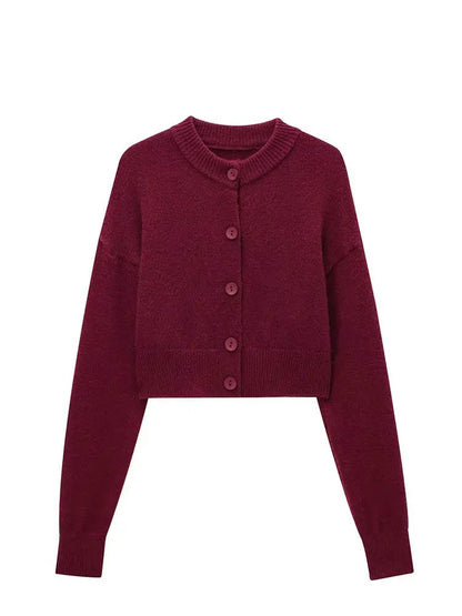 HH Women Cropped Knit Cardigan Sweater Single Breasted Long Sleeve O Neck Coat Elegant Solid Outerwear Female Chic Top