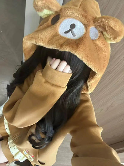 Original Japanese Style Soft Girl Hooded Rilakkuma Jacket for Women Cute Versatile Fleece Lined Thickened Sweatshirt