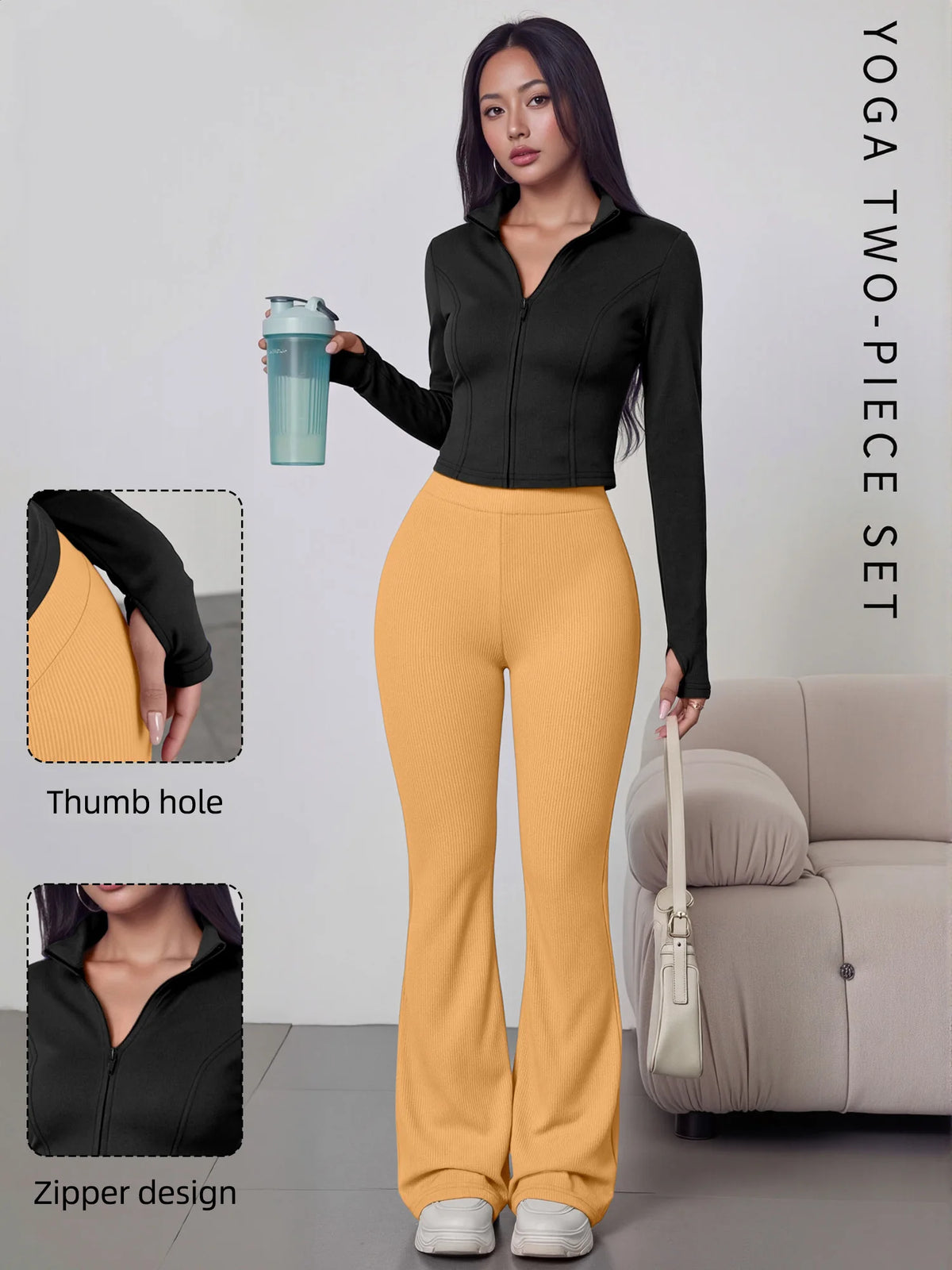 European American Women Ribbed Knit Two Piece Set, Long Sleeve Zip Top With High Waist Flare Pants, Casual Slim Daily Outfit