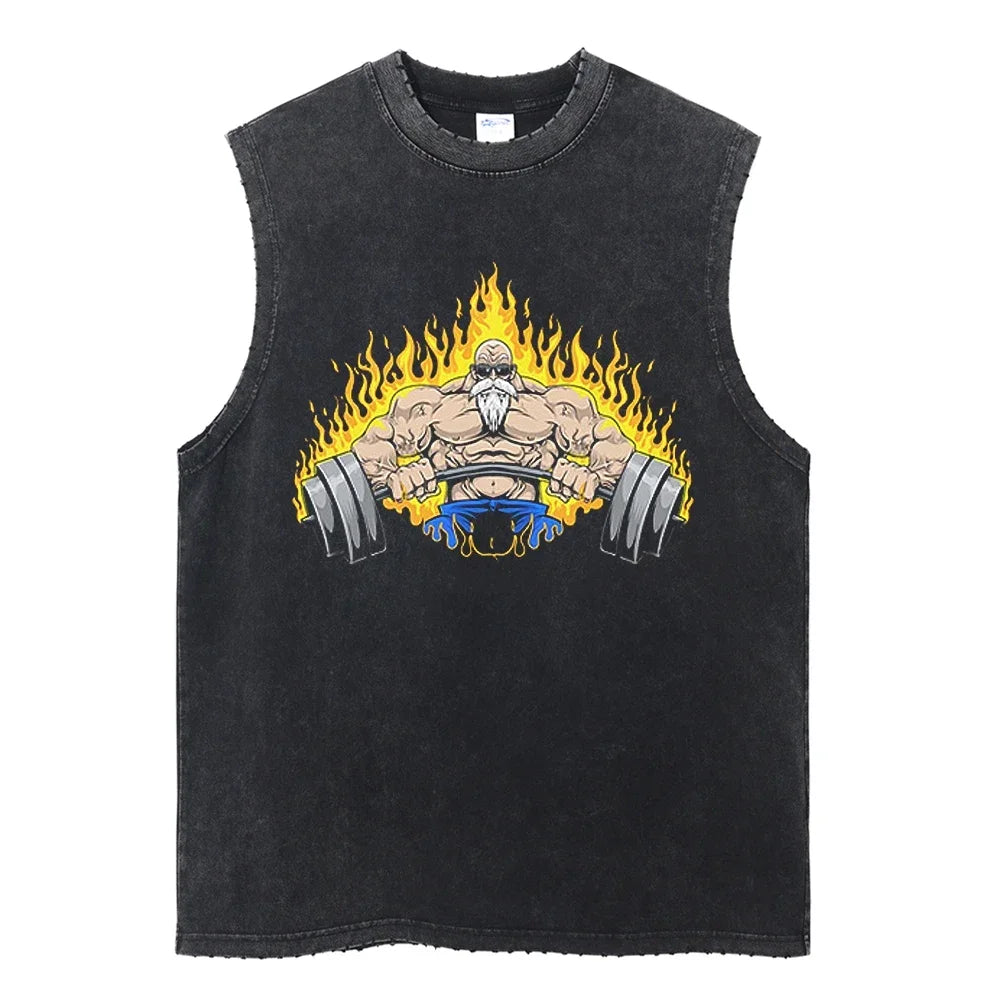 Vintage Vest Washed T-Shirt Anime Dragon Ball Graphic Tank Top Cotton Sleeveless Streetwear Loose GYM T Shirt Men's Clothing