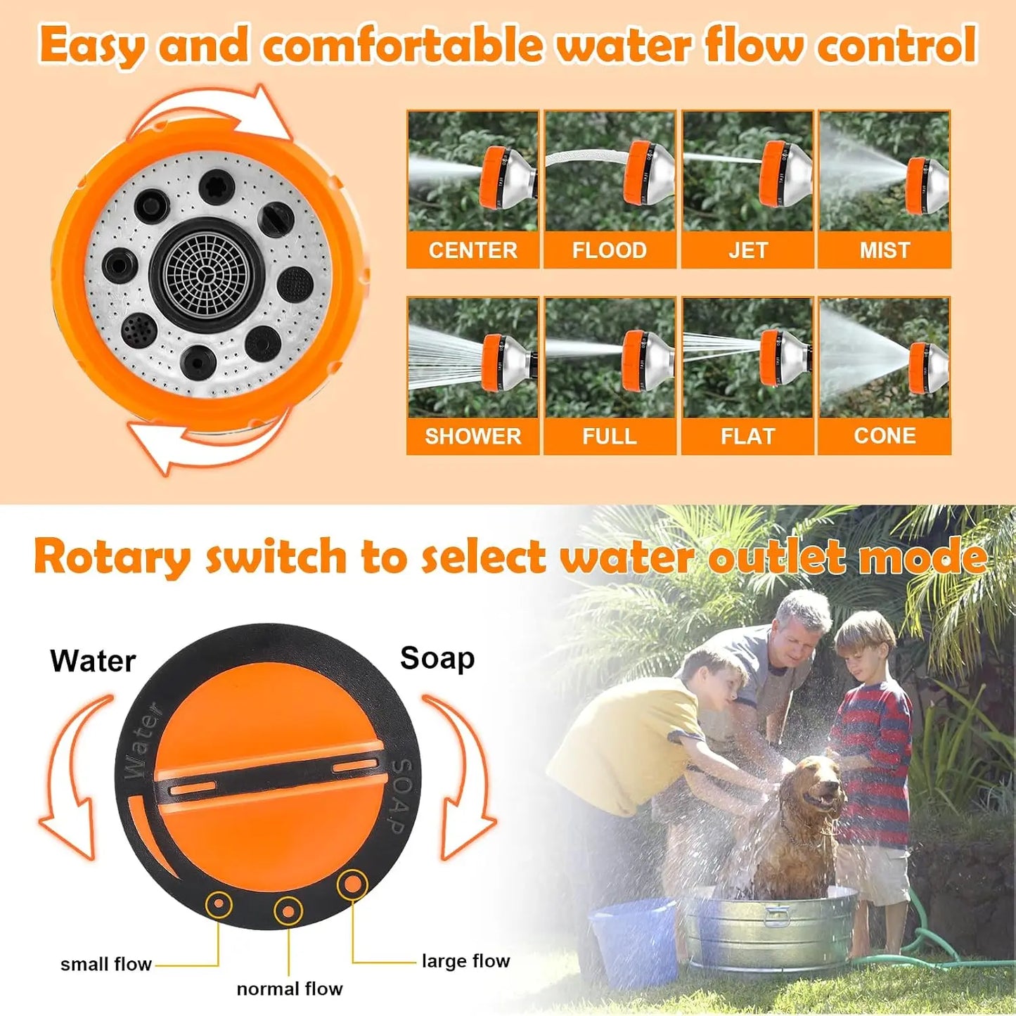 Dog Washing Hose Attachment, 8 Spray Patterns Dog Wash with 3.5oz 100cc Soap Dispenser, Dog Washing Gloves, Dog Bath Brush, Suitable for Watering Plant, Patio, Cleaning, Showering Pet