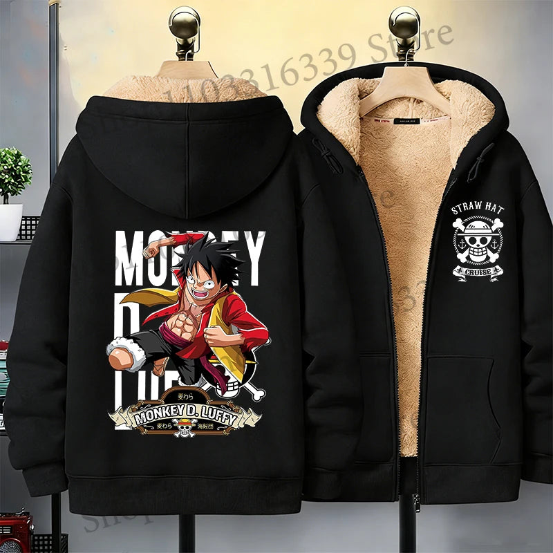 One Piece Man Thick Hooded Jacket Woman Winter Keep Warm Coat Anime Luffy Print Fleece Jacket Thermal Long Sleeve Hooded Clothes