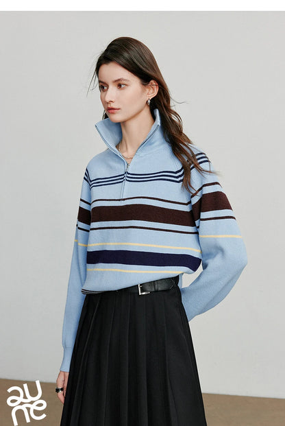 TOYOUTH Women Knitted Sweater 2026 Autumn New Fashionable Style Striped Zipper High Collar Woolen Pullover Sweater Tops