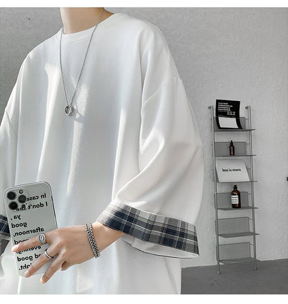 men t shirts Summer Men's T-shirts Women Oversized 2XL Korean Style Loose Plaid T-shirt Casual Seven sleeves T-Shirt Male White