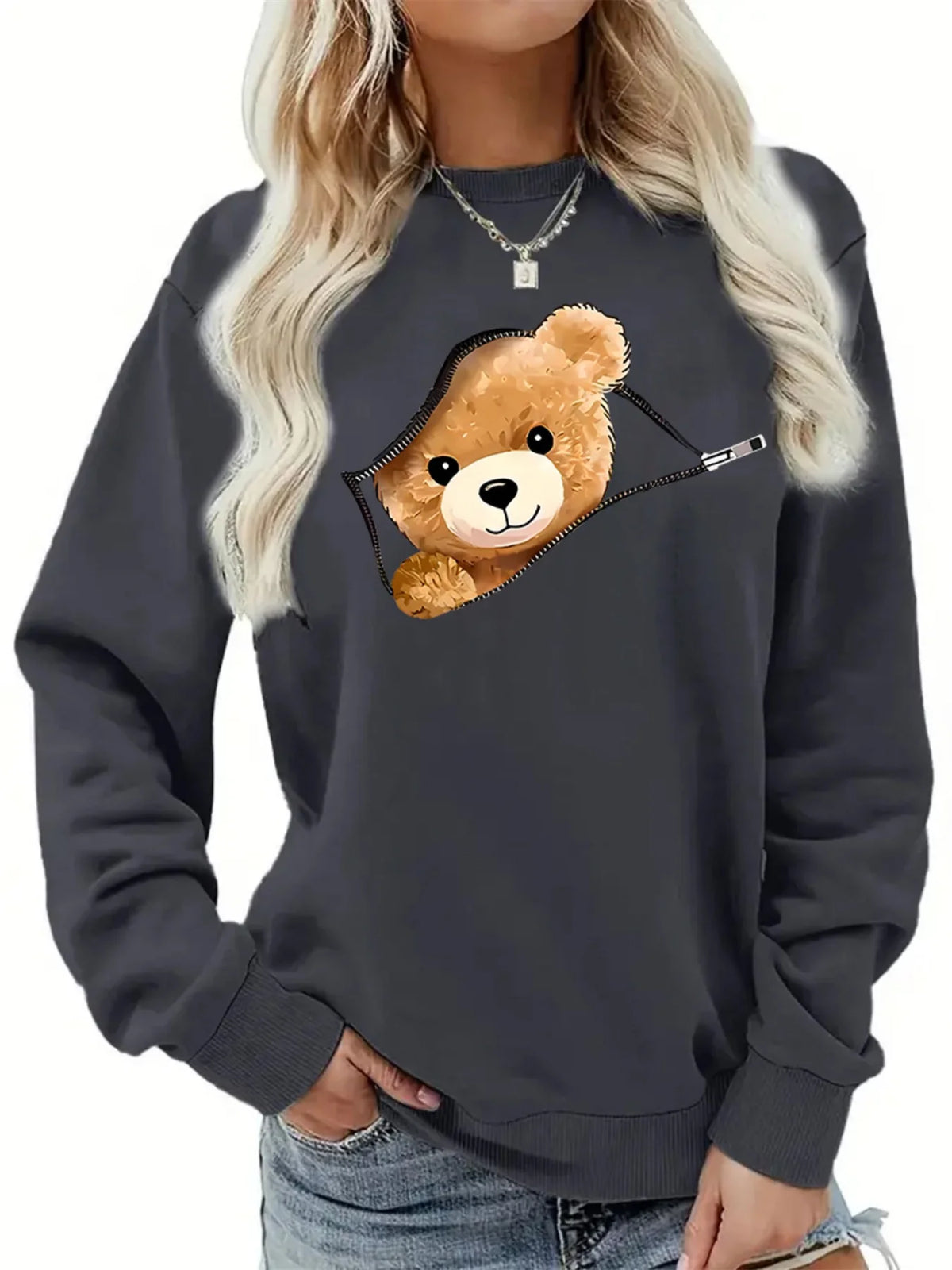 Women's Autumn and Winter Loose Casual Cartoon Zipper Bear Pattern Printed Velvet Long-Sleeved Round Neck Sweatshirt Pullover