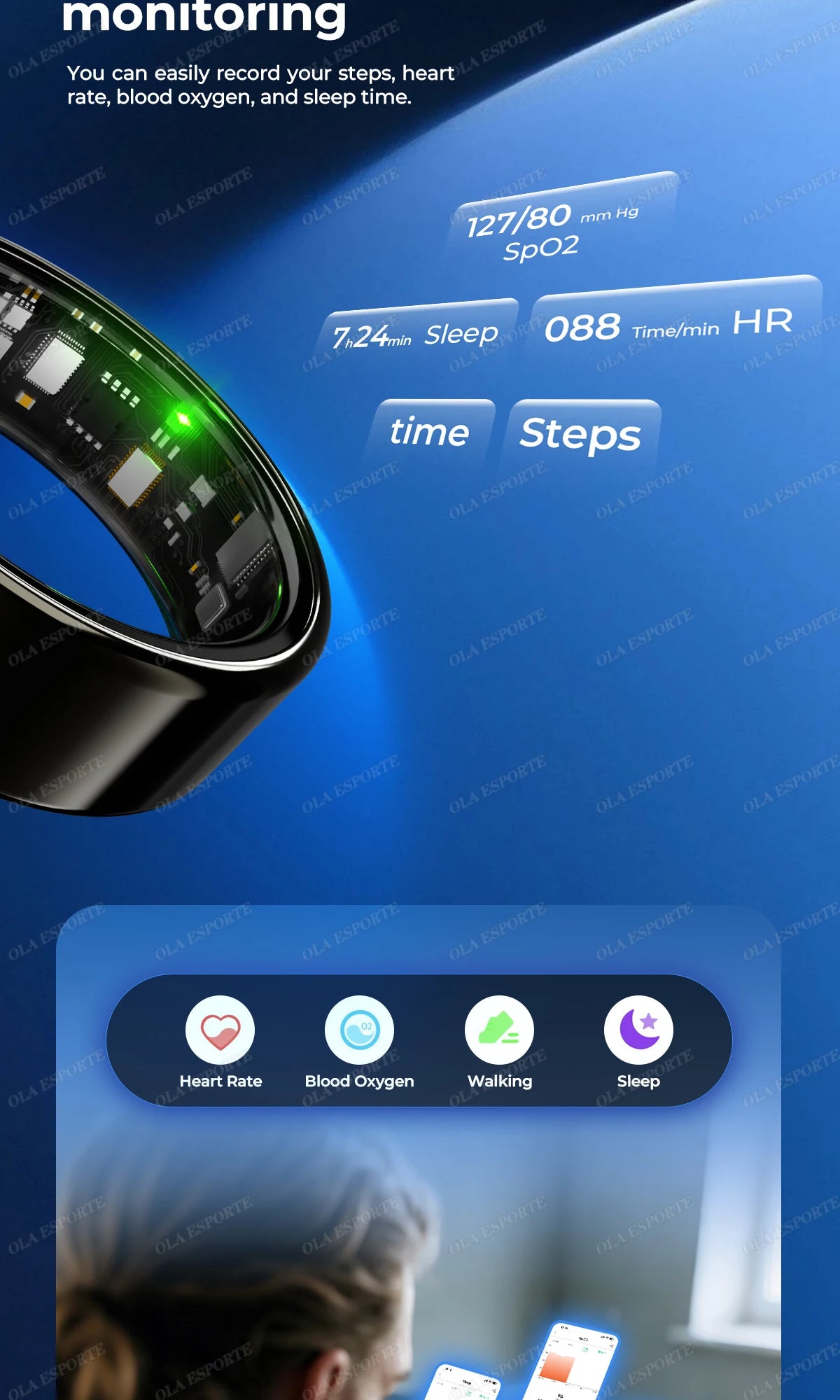 Ola Esporte Smart Ring Blood Pressure Heart Rate Monitoring Smartring IP68&5ATM Waterproof Multi-sport Mode Smartring Man Women