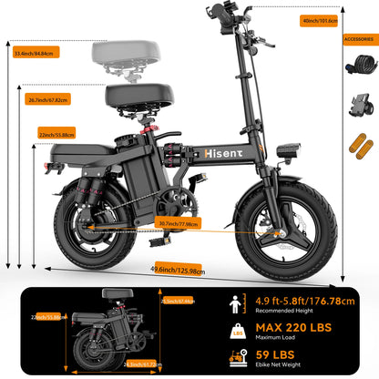 Hisent electric folding bike, 14 inches, 500W brushless motor, 48V 10AH/17.5AH battery available, different models.