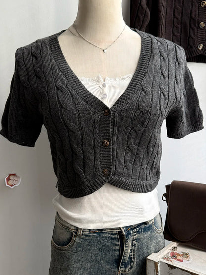 Solid Twist Flower Knitted Cropped Cardigan Woman V-neck Single Breasted Short Sleeve Crop Tops Autumn Sweet Cotton Knitwear New