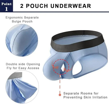 Men's Bamboo Fiber Boxer Shorts Fly Pouch Front Open Breathable Bulge Underwear Separated Pouch Trunks Dual Pouch Underpant