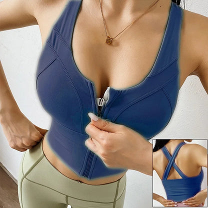 Front Zipper Sports Bra - Women's Athletic Crop Top, Push Up Wireless Fitness Tank