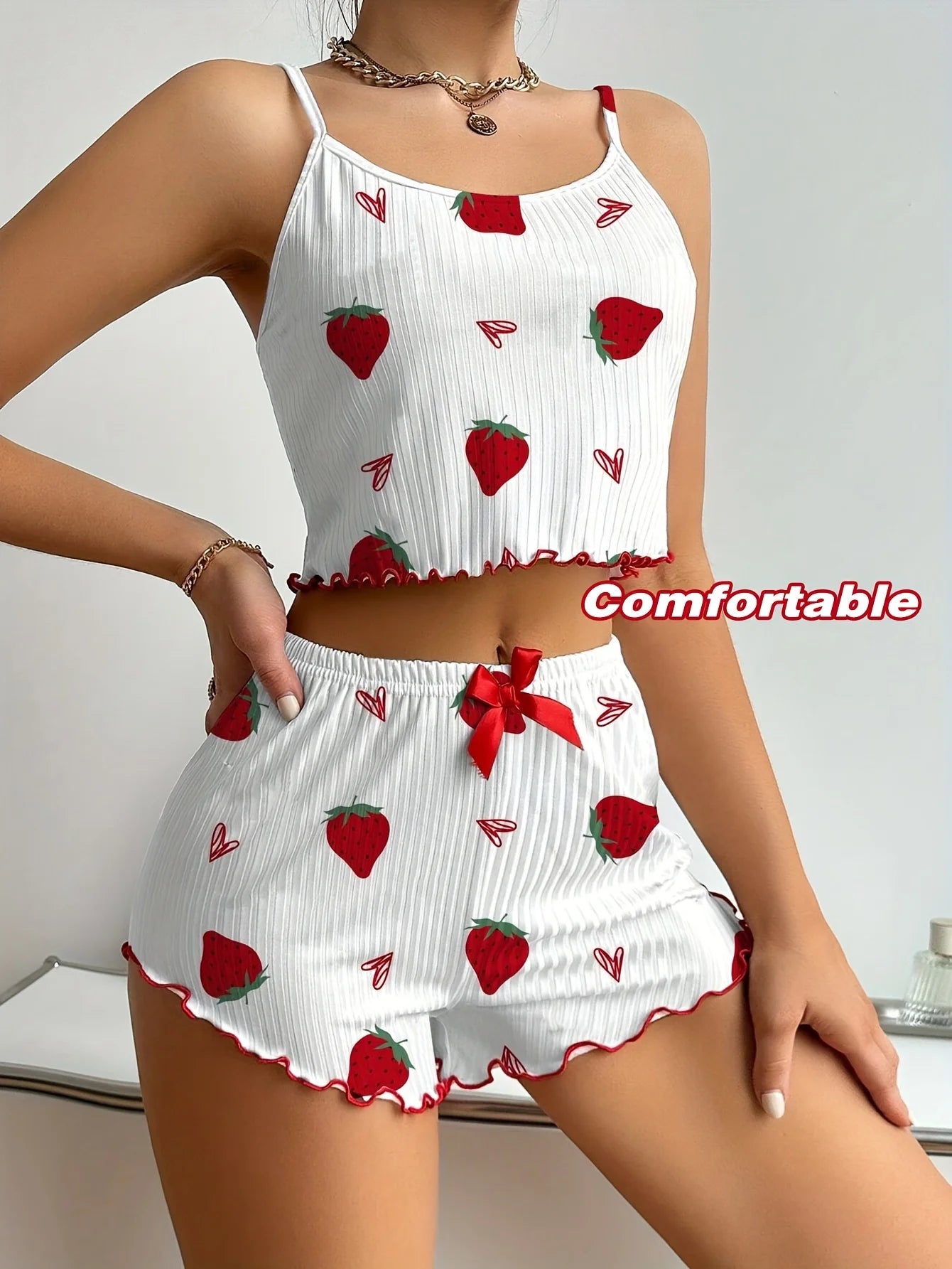 New Strawberry Print Sleepwear Set Women's Ribbed Pajamas with Hearts & Bow Soft Comfy Lounge Set with Shorts Cute Summer PjGift
