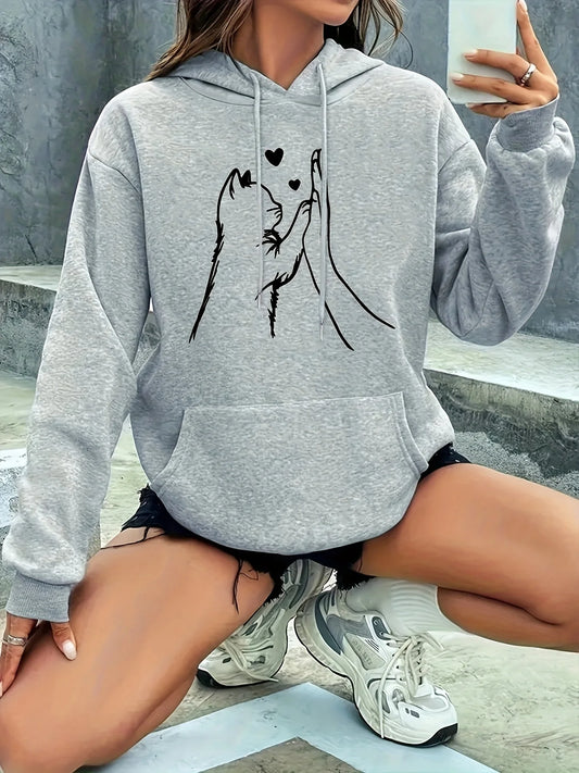 2025 Autumn Winter Hoodie Women's Casual Hooded Sweatshirt with Cute High-Fiving Cats  Hearts Graphic Print Warm Hoody