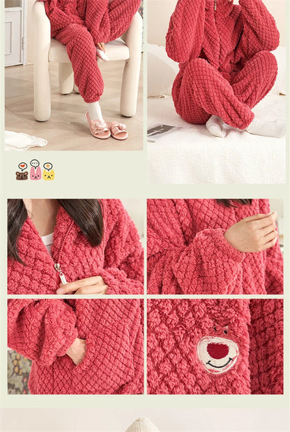 Autumn Winter Women's Sleepwear Flannel Pajamas Set Thick Fleece Nightwear Sets Warm Home Suits Hoodie Plus Pants