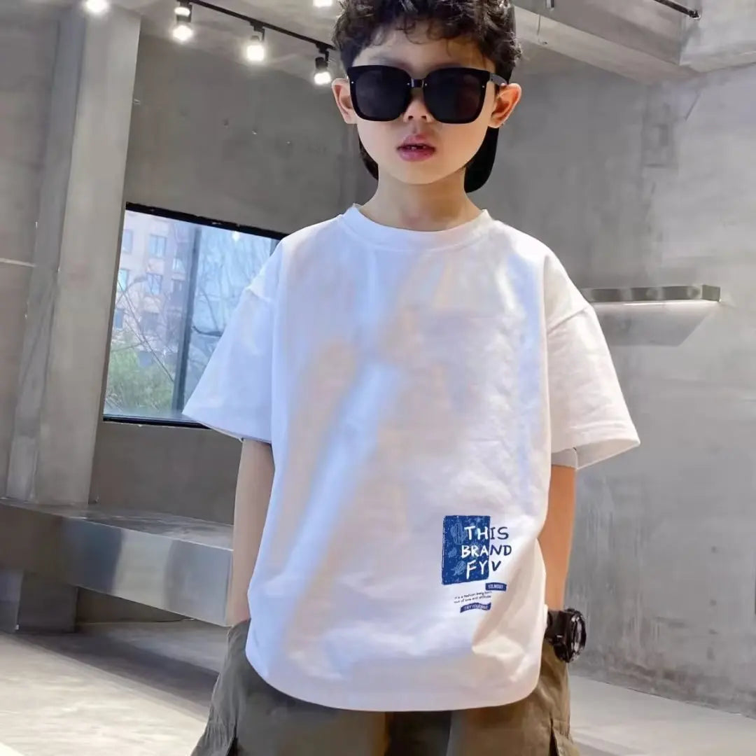 Summer children's casual letter printed T-shirt, summer 100% pure cotton round neck short sleeved T-shirt top