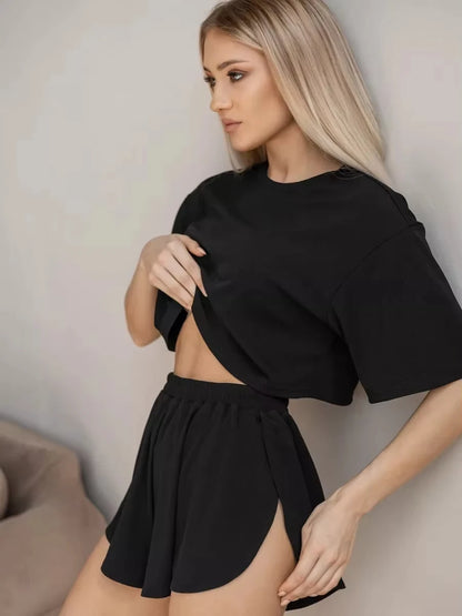 2026 New women's sexy pajama set short sleeved T-shirt split shorts pajama 2-piece set casual round neck elastic home wear