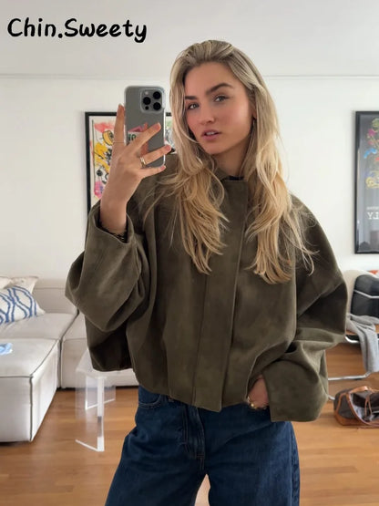 Vintage Suede Green Bomber Jacket Women Loose Lapel Full Sleeve Zipper Commute Coat 2025 Autumn Lady High Street All-match Coats