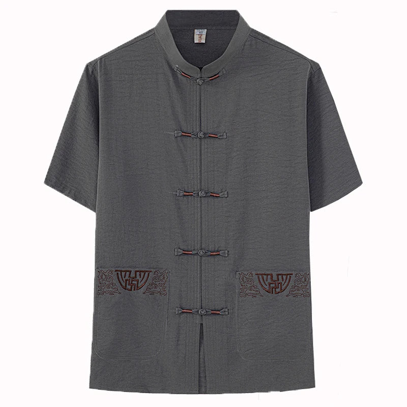 Cotton and Linen (Top + Pants) Elderly Men Gold Silk Pan Buckle Pocket Embroidered Tang Dress Han Dress Lay Tai Chi Suit Set