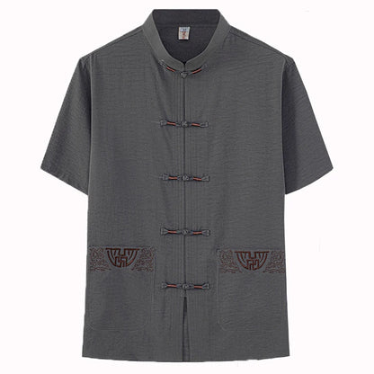 Cotton and Linen (Top + Pants) Elderly Men Gold Silk Pan Buckle Pocket Embroidered Tang Dress Han Dress Lay Tai Chi Suit Set