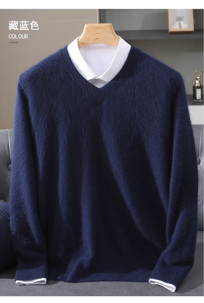 Men's 100% Pure Mink Cashmere Sweater V-neck Pullover Knit Bottoming Shirt Autumn And Winter New Long-Sleeve High-End Mink Tops