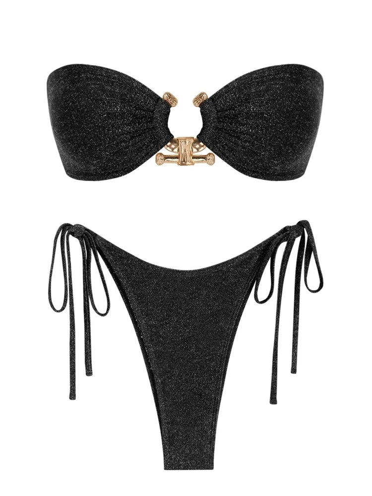 Shiny O Ring Bandeau Bikini - Womens Low Waisted Swimsuit with Padded Bra - ZOOMNSTORE