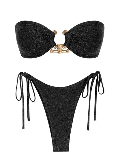 Shiny O Ring Bandeau Bikini - Womens Low Waisted Swimsuit with Padded Bra - ZOOMNSTORE
