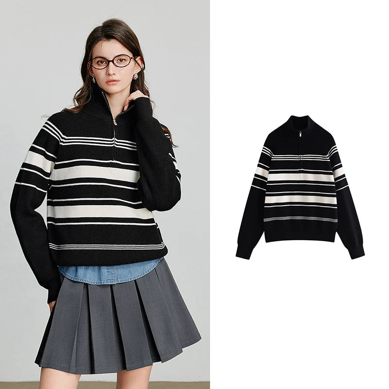 TOYOUTH Women Knitted Sweater 2026 Autumn New Fashionable Style Striped Zipper High Collar Woolen Pullover Sweater Tops