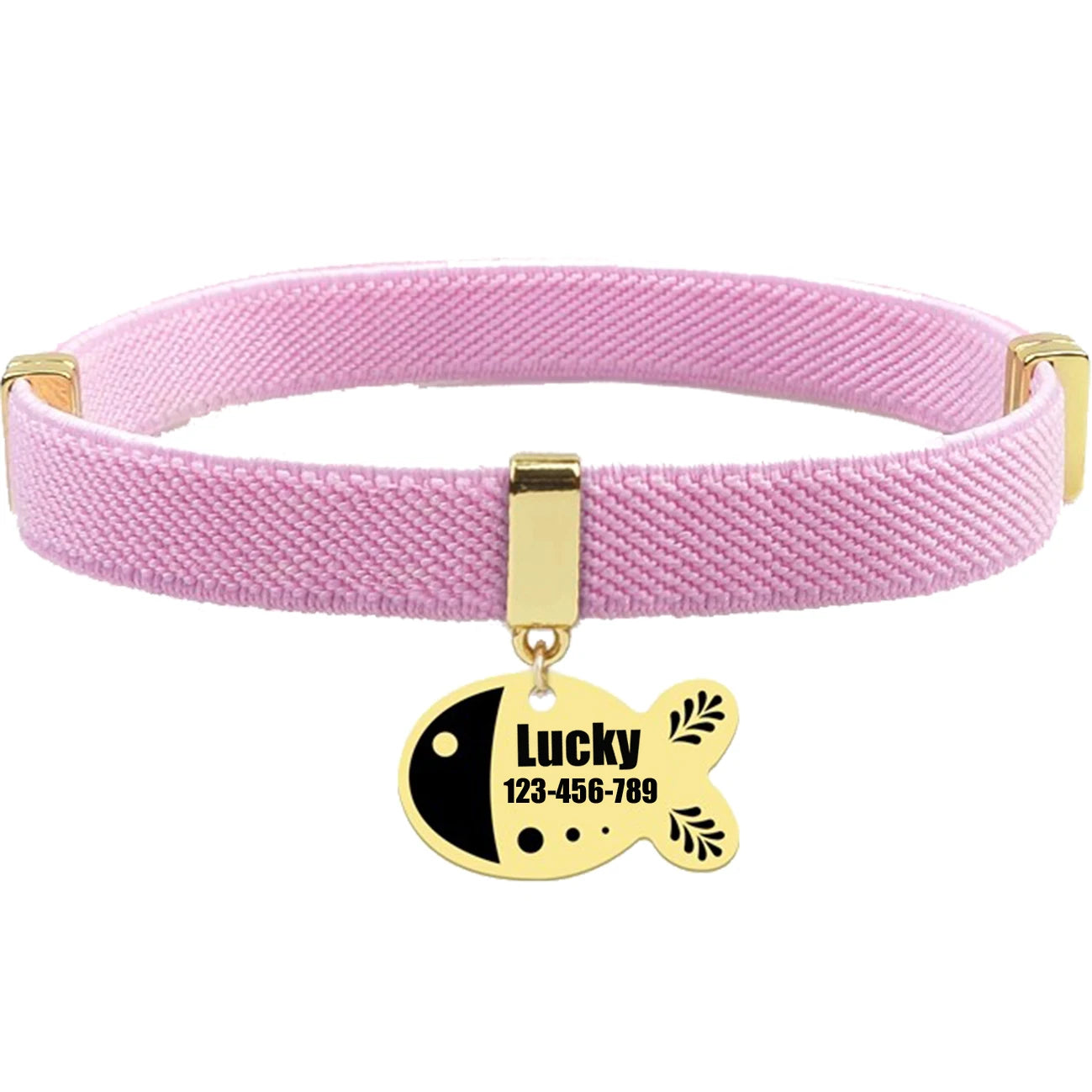 Free Customized Cat Collar Cute Fish Metal Necklace Pet ID Name Tag Personalized GPS Tracker Kitten Dog Breakaway Elastic Collar