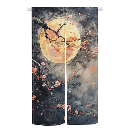 Japanese Door Curtain - Cherry Blossom Curtain With Kanagawa Wave Design | Linen Door Panel