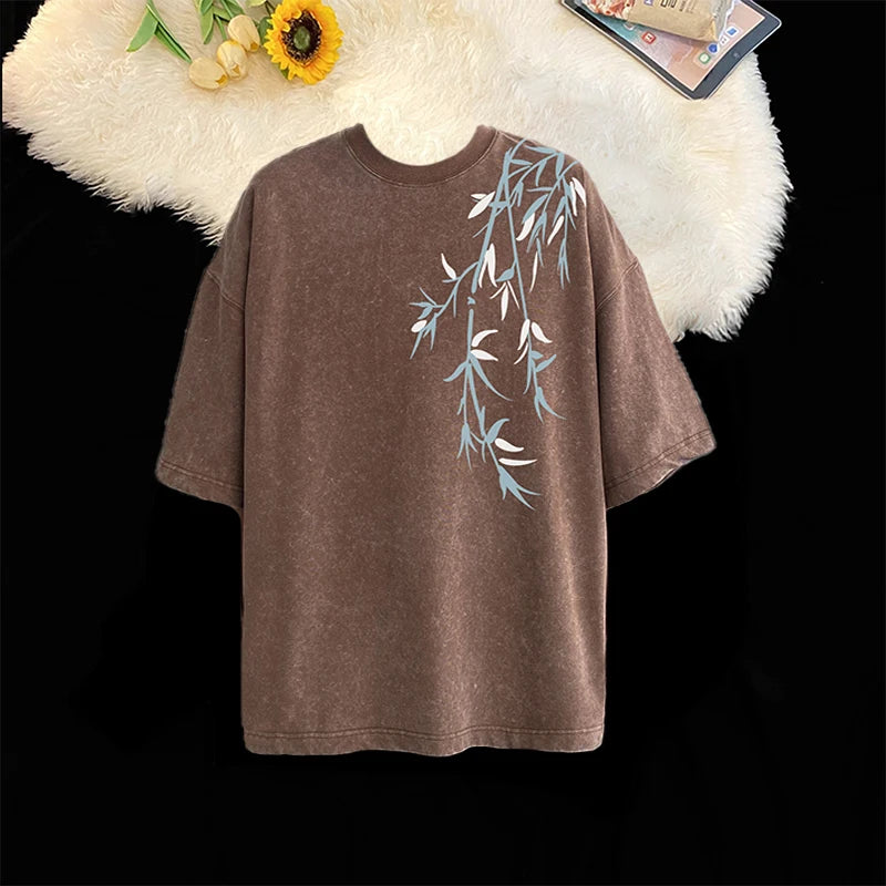 Acid Washed T-Shirt - Men's Streetwear Tee With Bamboo Leaf Print | Oversized Loose Fit