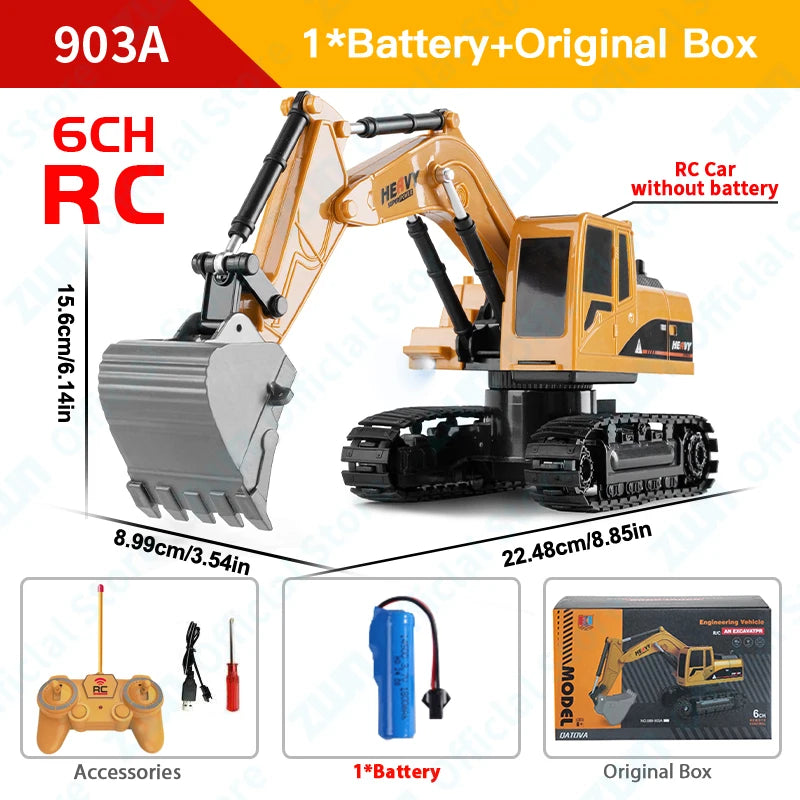 Remote Control Excavator - 1/16 Scale Alloy Dump Truck with LED Lights & Music