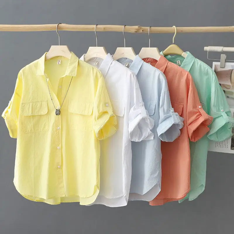 Turn-down Neck Pink Solid Short Sleeved Loose Shirt And Blouse Clothes Top Casual Single Breasted Spring Simple OL Outerwear New