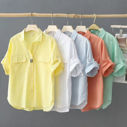 Turn-down Neck Pink Solid Short Sleeved Loose Shirt And Blouse Clothes Top Casual Single Breasted Spring Simple OL Outerwear New
