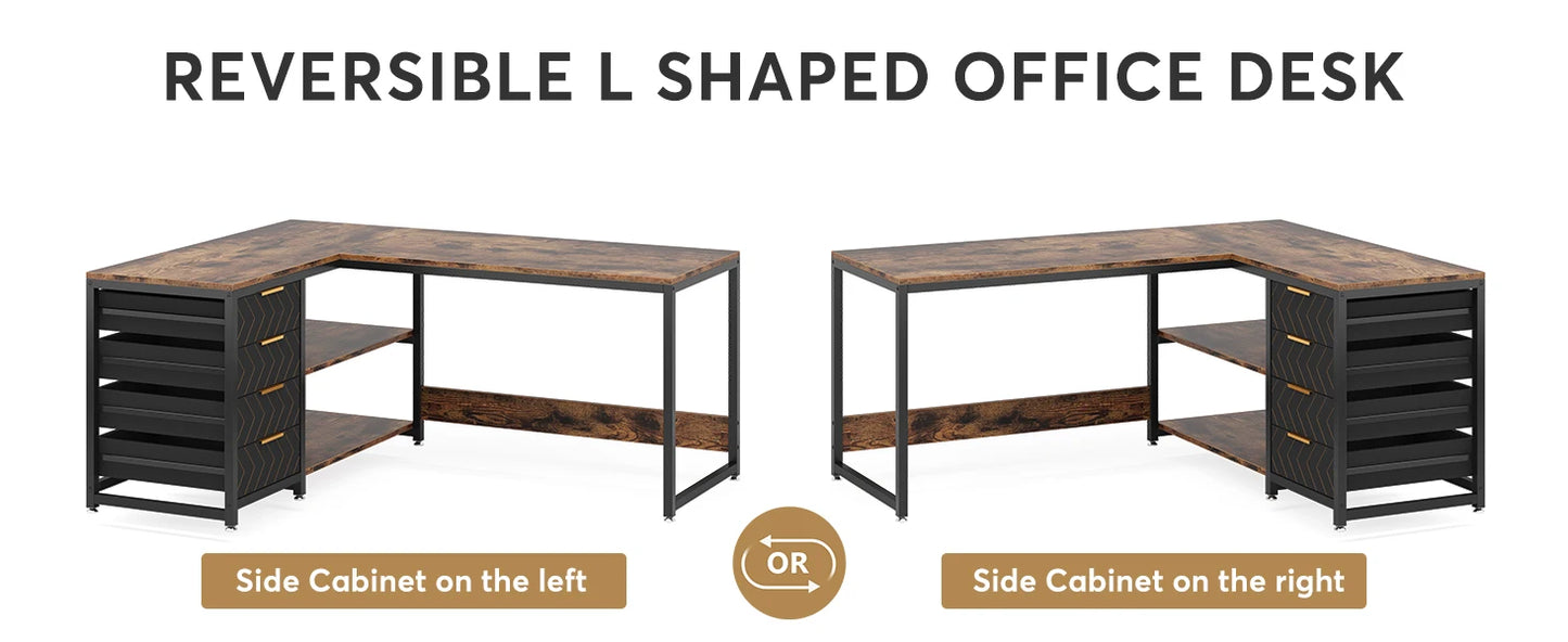 L Shaped Computer Desk - Reversible Corner Office Desk with Drawers & Shelves