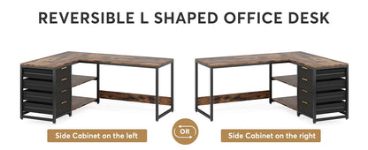 L Shaped Computer Desk - Reversible Corner Office Desk with Drawers & Shelves