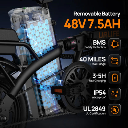 URLIFE 14 Inch Foldable Adult Electric Bike Peak 500W Motor 48V 7.5Ah Removable Battery Up To 40 Miles Range 3H Fast Charging City Commuter Folding Ebike