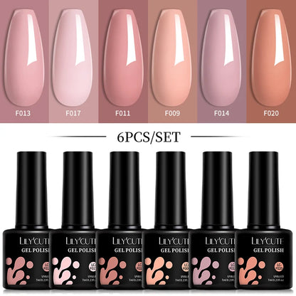 Bright Pink Gel Nail Polish Set - 6Pcs 7ML Semi-Permanent Soak Off UVLED Varnish Kit
