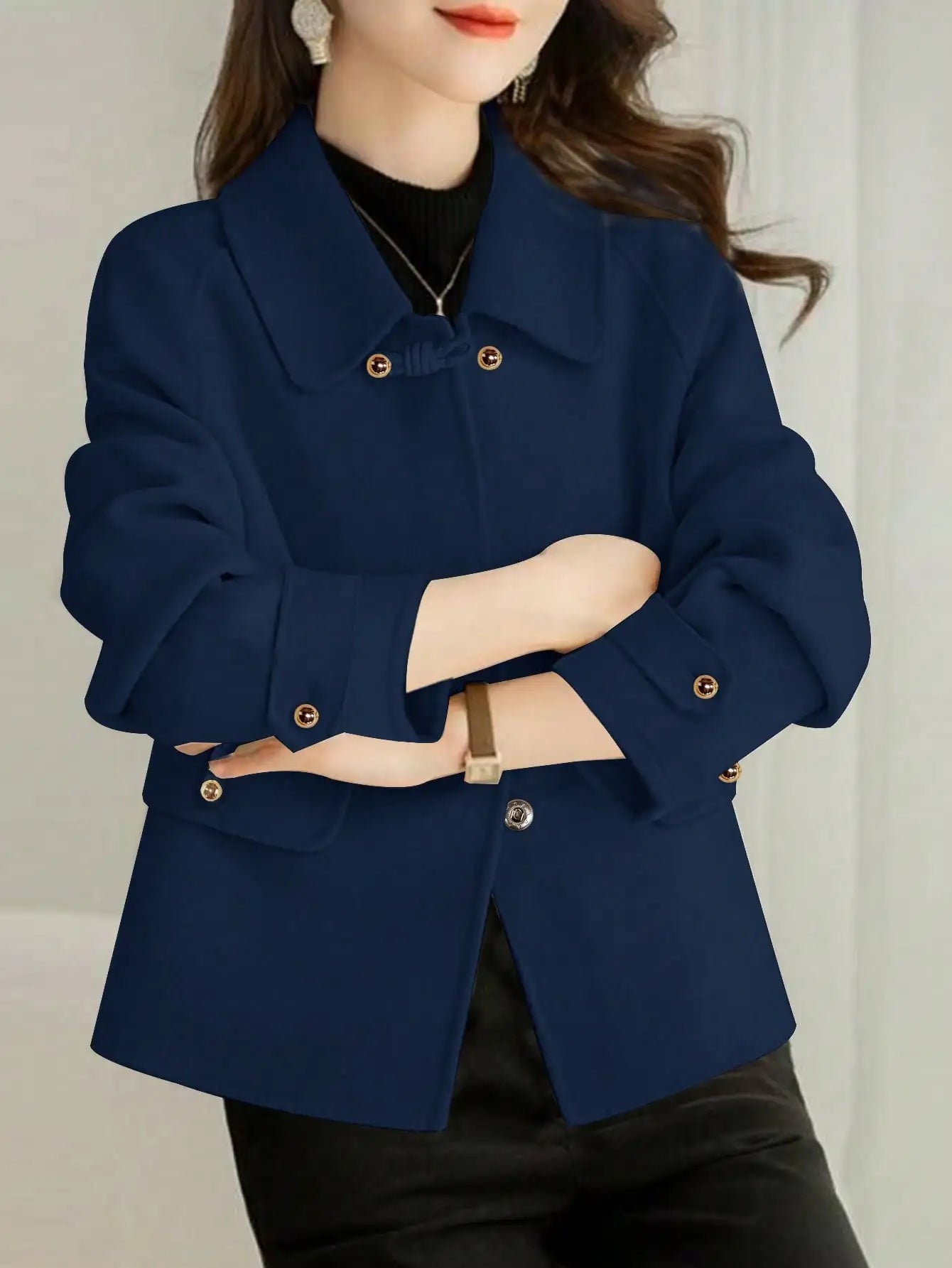 Short Coats Women – Elegant Double Breasted Formal Office Coat With Turn-Down Collar