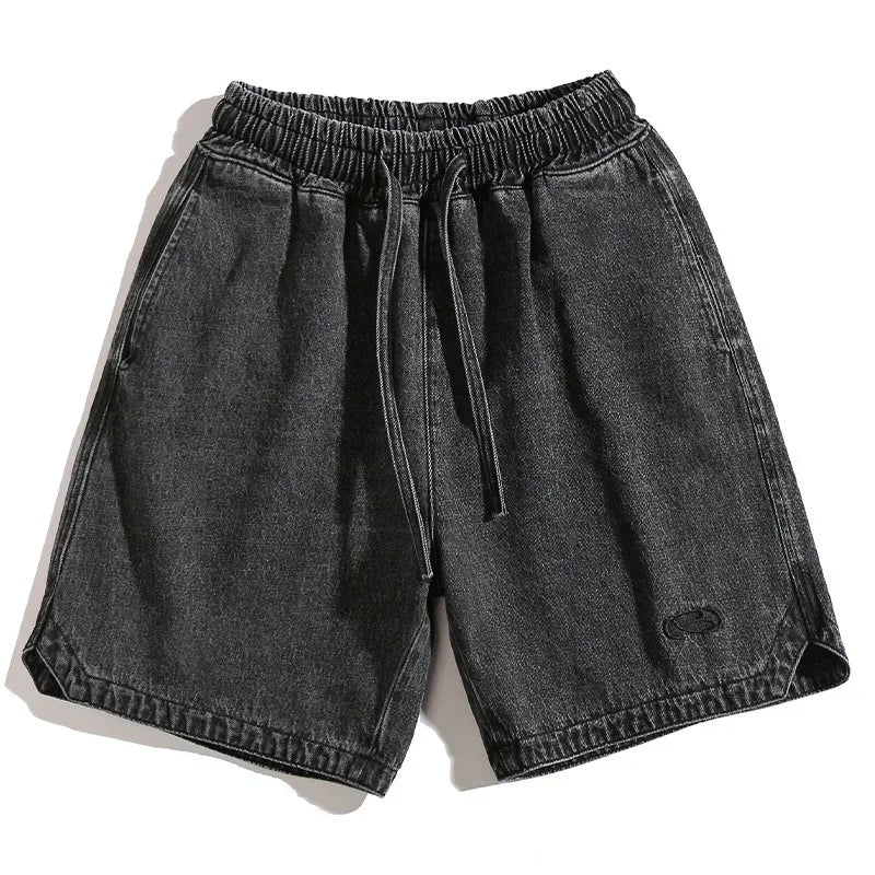 Baggy Denim Shorts - Men's Summer Casual Streetwear With Embroidery & Elastic Waist