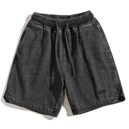 Baggy Denim Shorts - Men's Summer Casual Streetwear With Embroidery & Elastic Waist