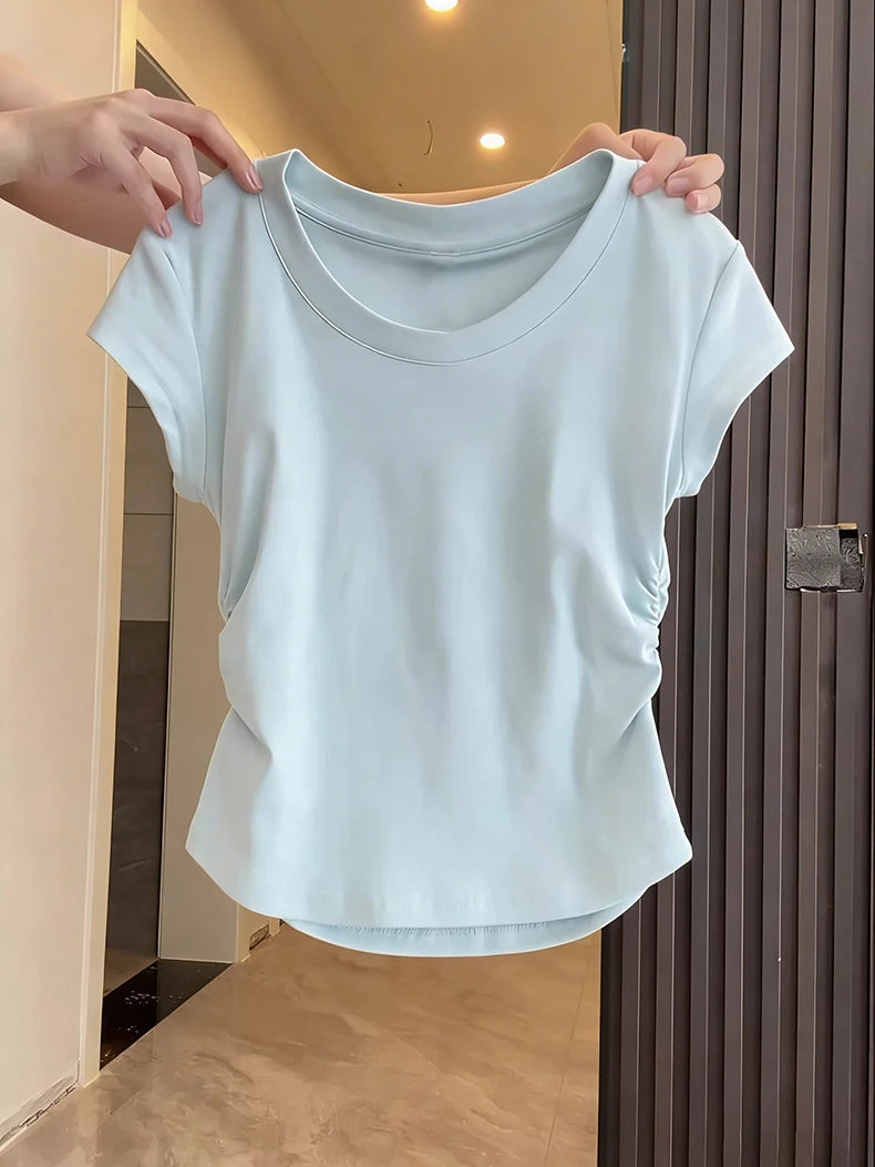 Women's Basic Solid Crop Top Short Sleeve Crewneck Skinny T-shirt Summer Casual Y2K Vintage Harajuku Streetwear