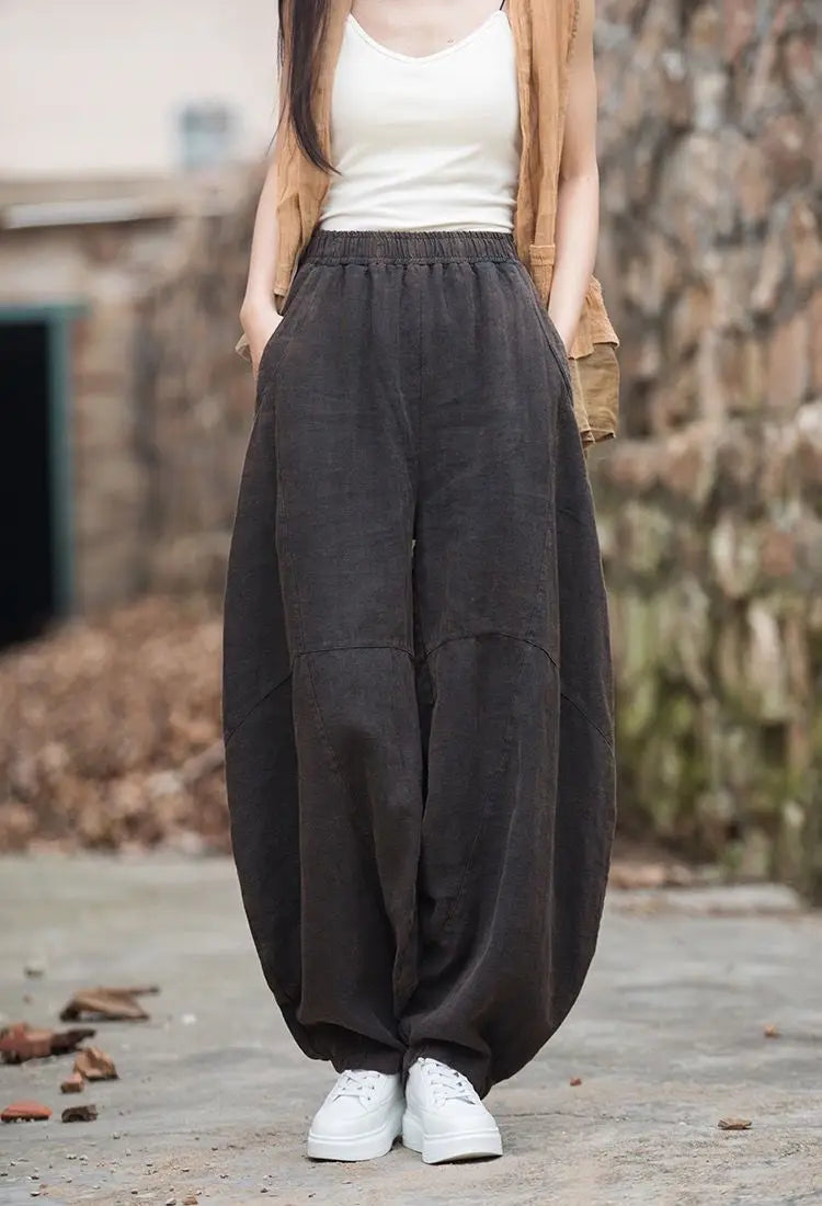 Elegant Women's Cotton Linen Baggy Cargo y2k Pants Vintage Elastic Waist Trousers Loose Casual Long Wide Leg Oversize Clothes