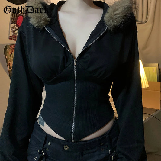 Goth Dark Autumn Winter Faux Fur Collar Solid Hooded Coats Women Casual Slim Waist Zip Hoodies Gothic Jackets Chic Streetwear