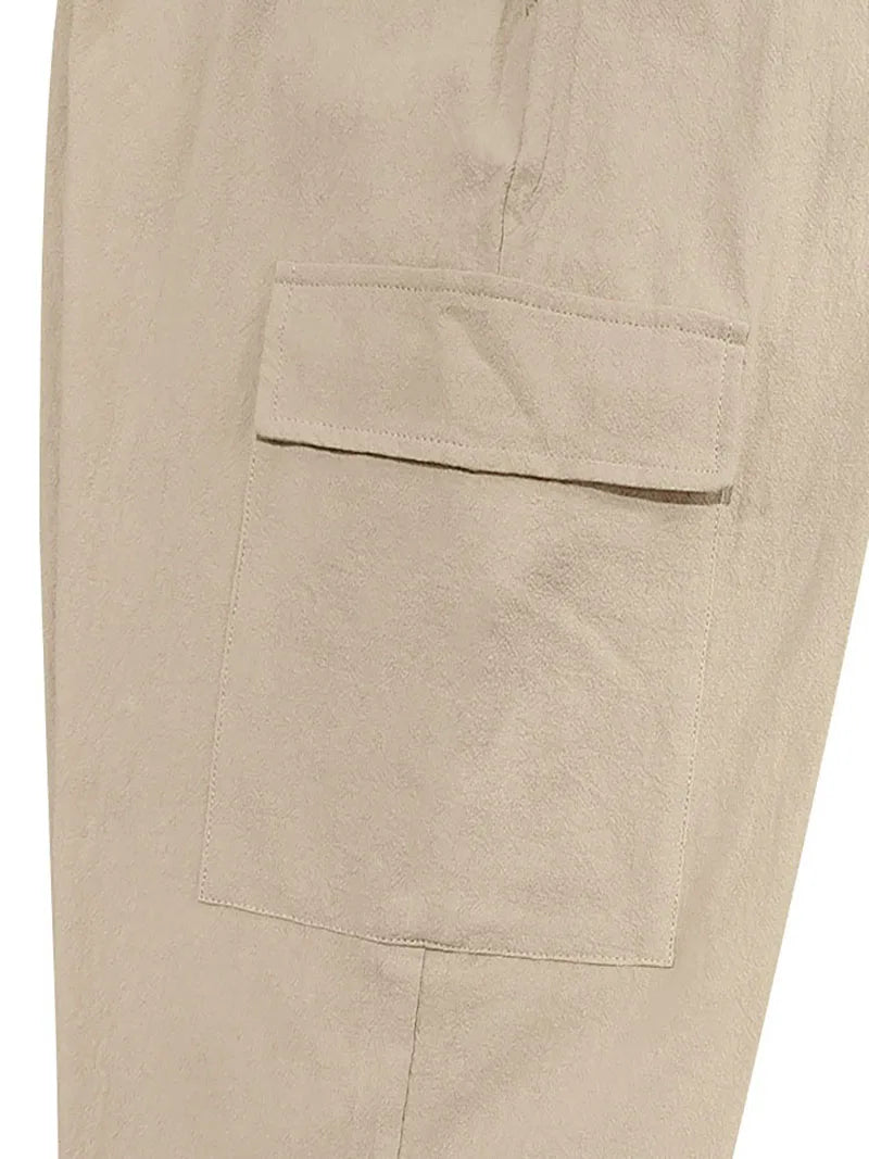 Men's Cotton Linen blend Cargo Jogger Pants Elastic Waist Drawstring Multi Pockets Casual Breathable Streetwear Trousers for Men