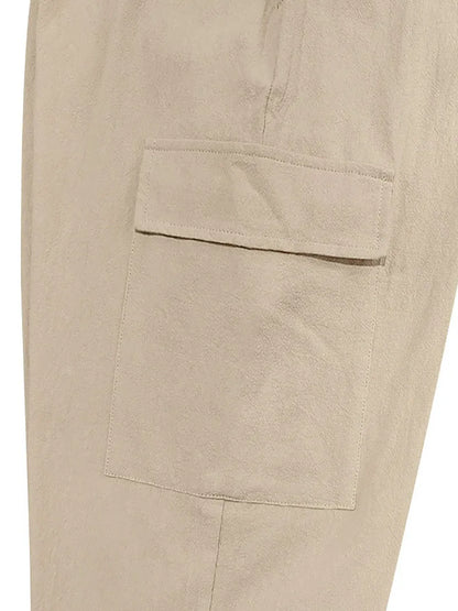 Men's Cotton Linen blend Cargo Jogger Pants Elastic Waist Drawstring Multi Pockets Casual Breathable Streetwear Trousers for Men