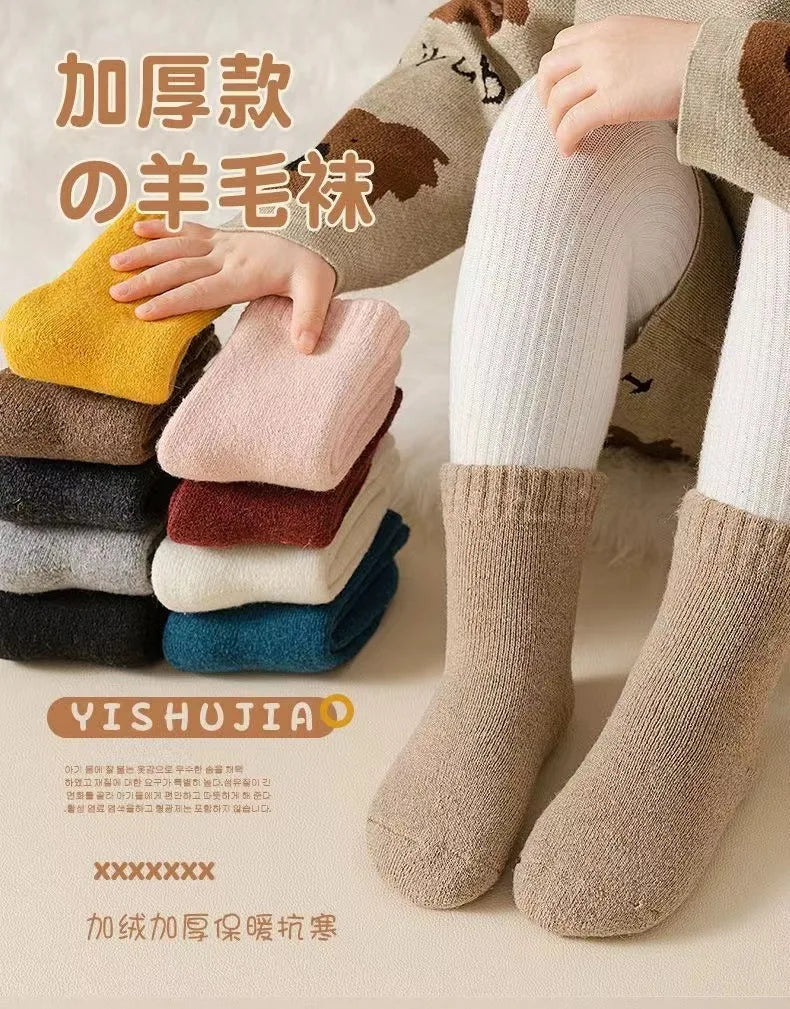 Winter 30% Wool Cashmere Warm Furry Kids Sock Chic Solid Color Calf Sock for Children Thicken Fleece Wool Autumn Warm Stockings